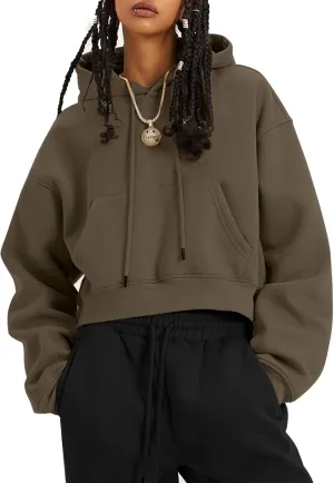 Flygo Womens Fleece Hoodie Sweatshirt Cropped Drawstring Hooded Crop Tops Pullover with Kangaroo Pocket