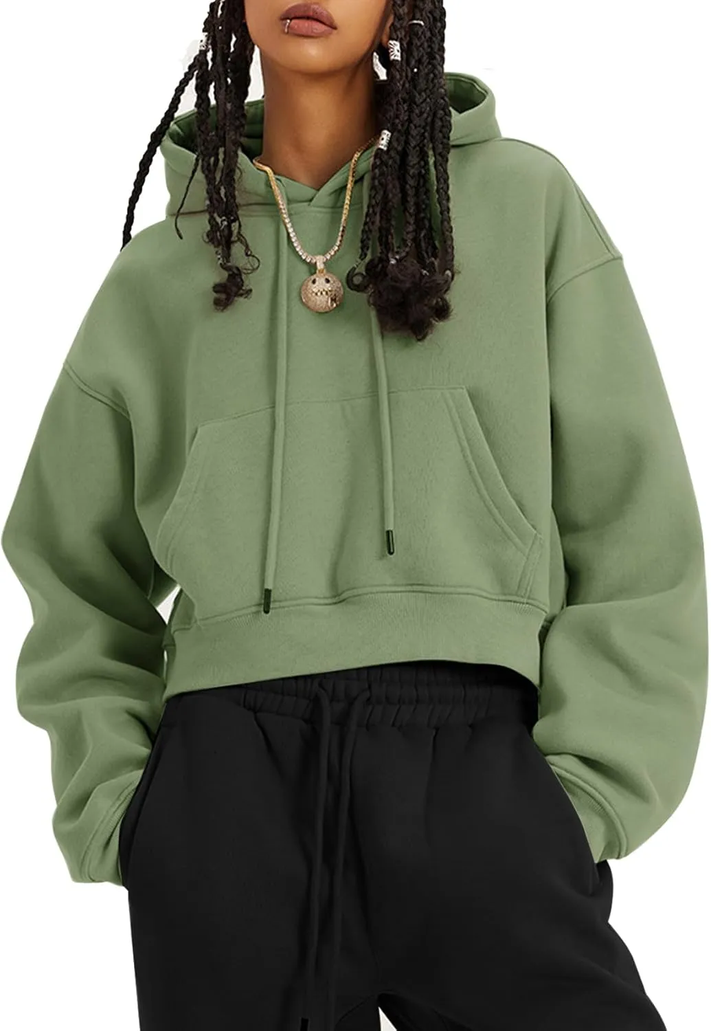 Flygo Womens Fleece Hoodie Sweatshirt Cropped Drawstring Hooded Crop Tops Pullover with Kangaroo Pocket