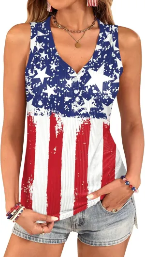 For G and PL Women's 4th of July Tank Top Knit Ribbed Patriotic American Flag Button V Neck Sleeveless Shirt