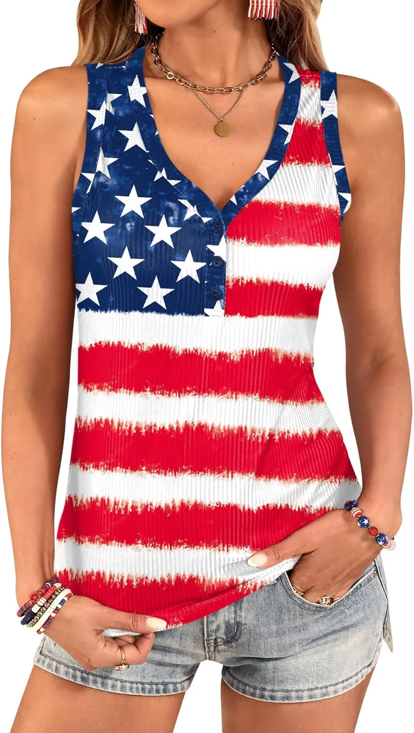 For G and PL Women's 4th of July Tank Top Knit Ribbed Patriotic American Flag Button V Neck Sleeveless Shirt