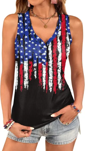 For G and PL Women's 4th of July Tank Top Knit Ribbed Patriotic American Flag Button V Neck Sleeveless Shirt
