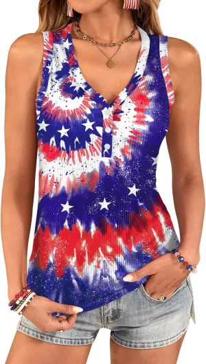 For G and PL Women's 4th of July Tank Top Knit Ribbed Patriotic American Flag Button V Neck Sleeveless Shirt