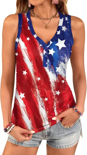 For G and PL Women's 4th of July Tank Top Knit Ribbed Patriotic American Flag Button V Neck Sleeveless Shirt