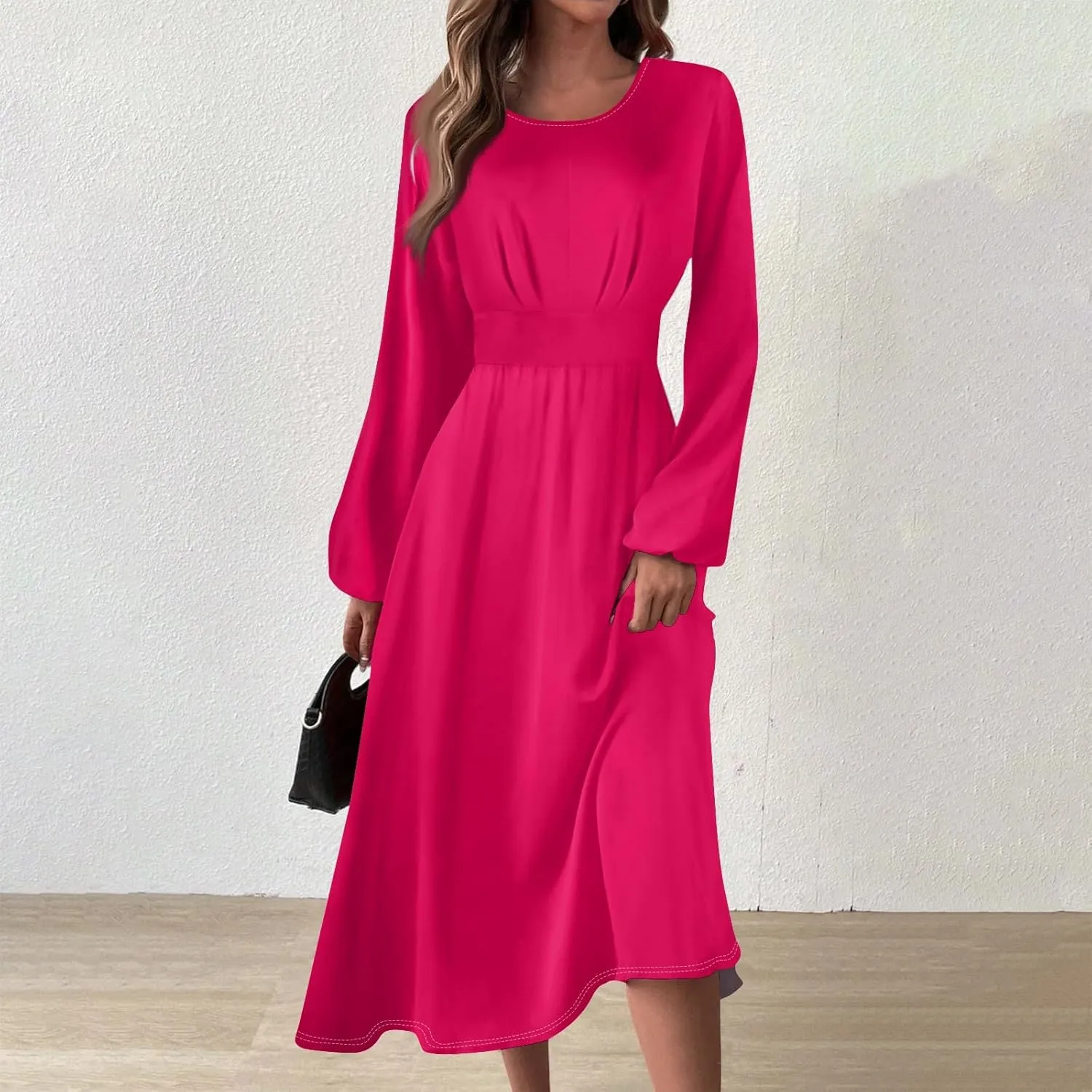 Formal Long Sleeve Midi Dress for Women Trendy Plus Size A Line Dress Casual Flowy Elegant Floral Smocked Dress