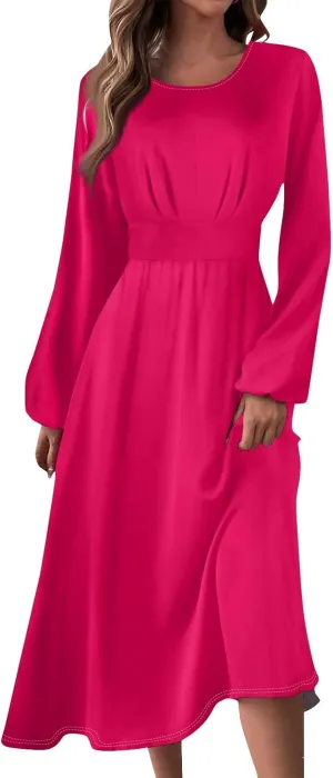 Formal Long Sleeve Midi Dress for Women Trendy Plus Size A Line Dress Casual Flowy Elegant Floral Smocked Dress