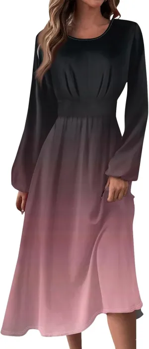 Formal Long Sleeve Midi Dress for Women Trendy Plus Size A Line Dress Casual Flowy Elegant Floral Smocked Dress
