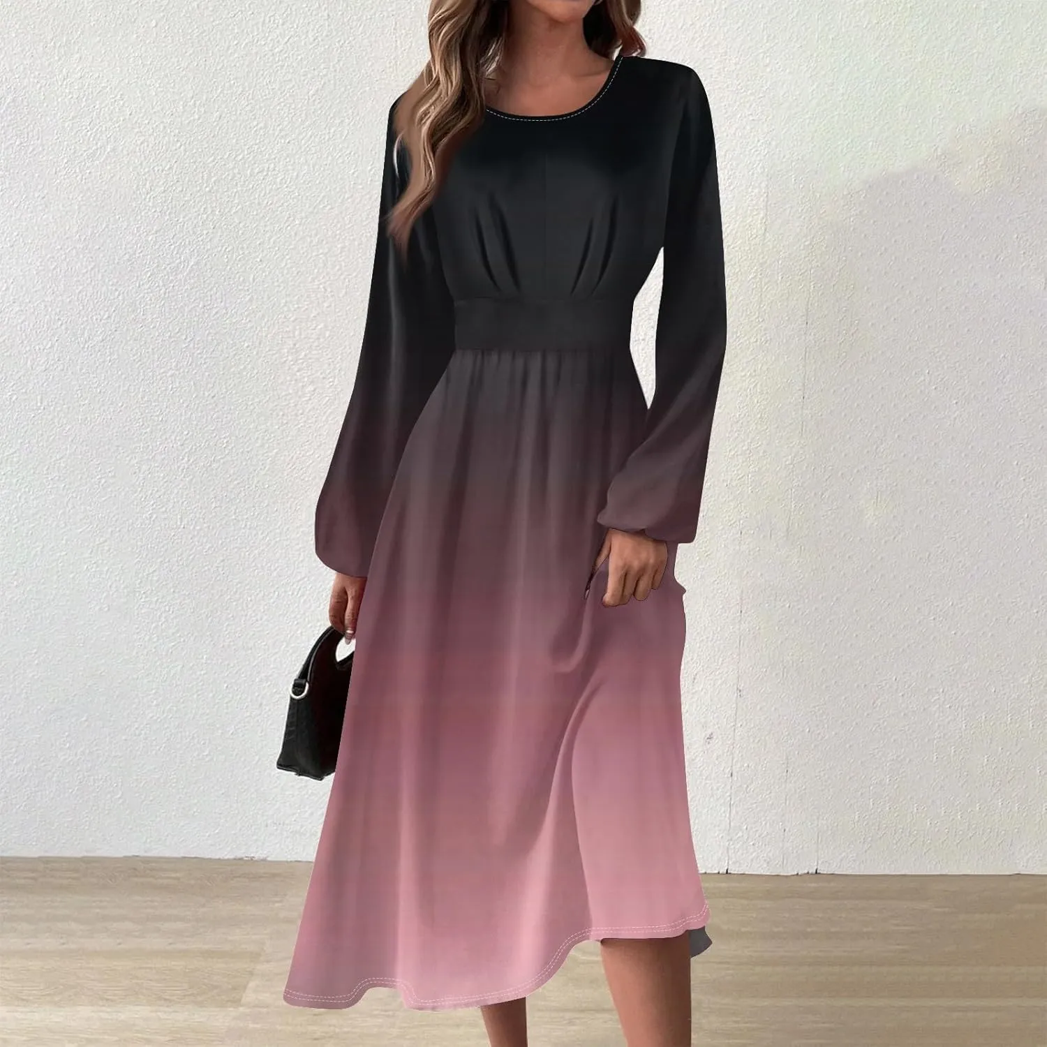 Formal Long Sleeve Midi Dress for Women Trendy Plus Size A Line Dress Casual Flowy Elegant Floral Smocked Dress