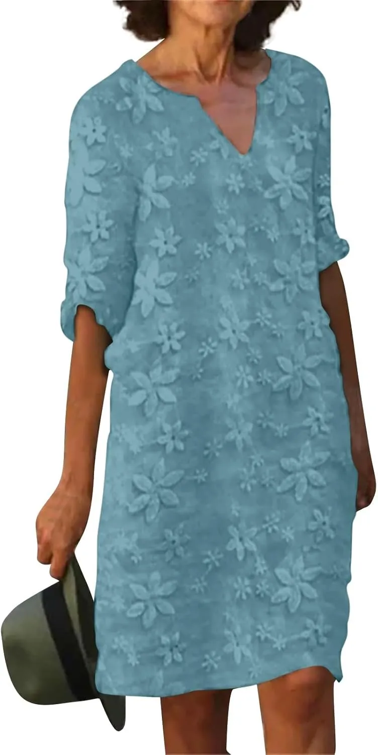Formal Summer Trendy Embroidered Dress for Women Casual Sexy V Neck Midi Dress Elegant Plus Size Knee Length Dress