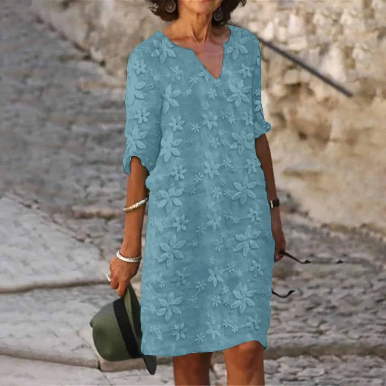 Formal Summer Trendy Embroidered Dress for Women Casual Sexy V Neck Midi Dress Elegant Plus Size Knee Length Dress