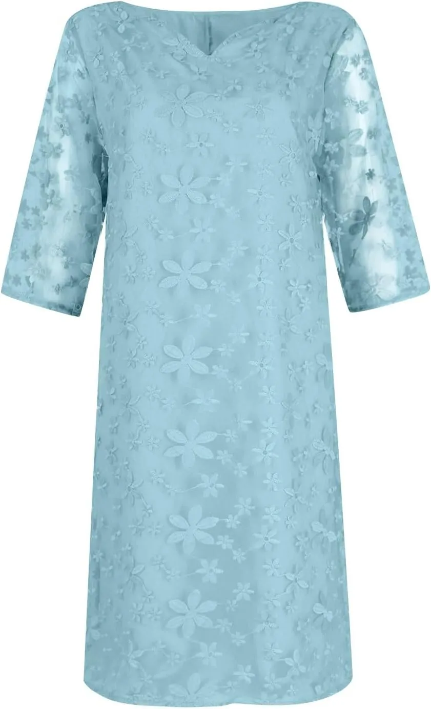 Formal Summer Trendy Embroidered Dress for Women Casual Sexy V Neck Midi Dress Elegant Plus Size Knee Length Dress