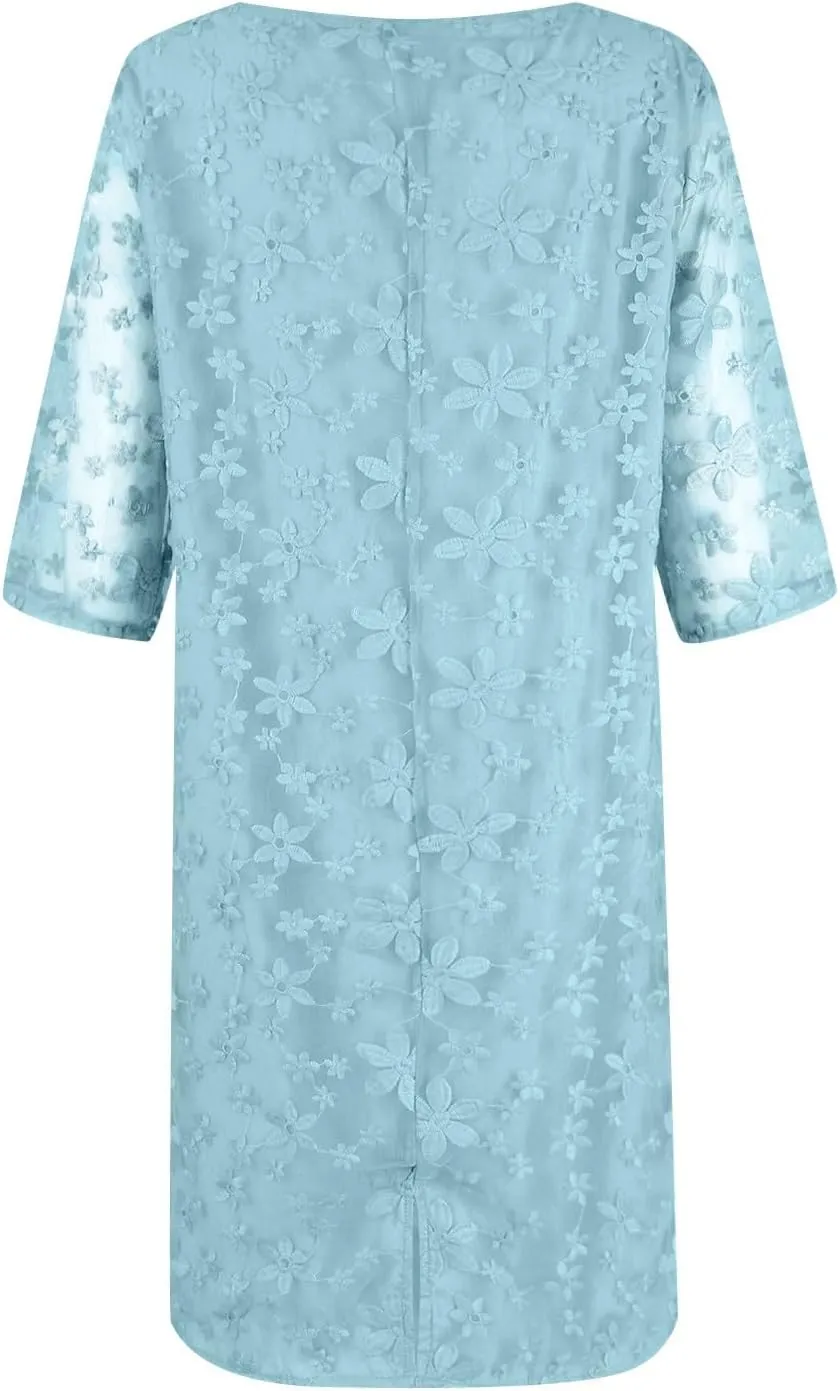 Formal Summer Trendy Embroidered Dress for Women Casual Sexy V Neck Midi Dress Elegant Plus Size Knee Length Dress