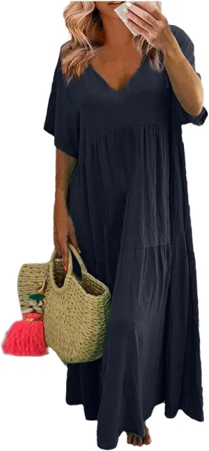 FQZWONG Womens Summer Dresses 2025 Plus Size Short Sleeve/Sleeveless V Neck Boho Maxi Dress Casual Beach Long Sundresses