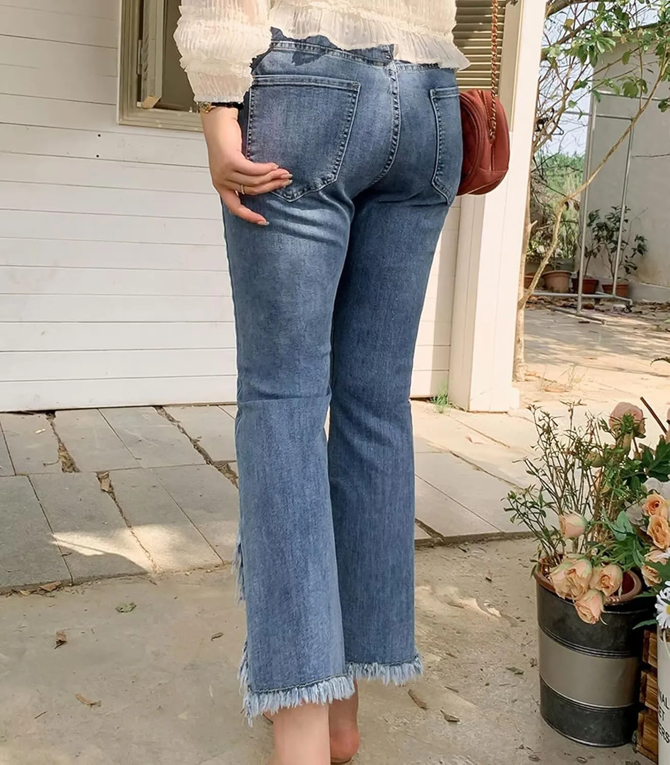 FTIMILD Womens Fashion Forward Ripped & Distressed Denim Jeans Stretch Tassel Fringe Cropped Denim Pants with Frayed Hem