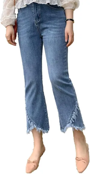 FTIMILD Womens Fashion Forward Ripped & Distressed Denim Jeans Stretch Tassel Fringe Cropped Denim Pants with Frayed Hem