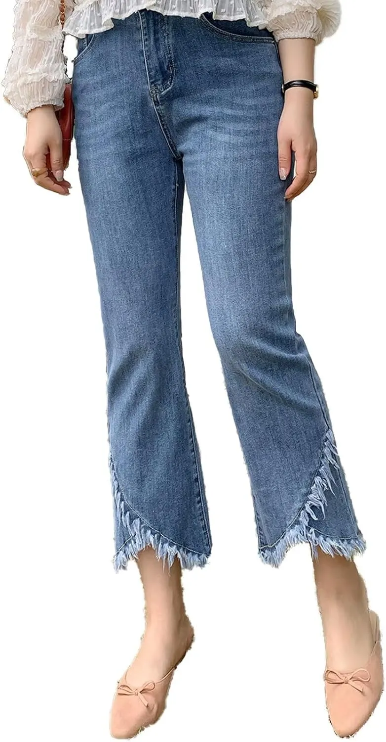 FTIMILD Womens Fashion Forward Ripped & Distressed Denim Jeans Stretch Tassel Fringe Cropped Denim Pants with Frayed Hem
