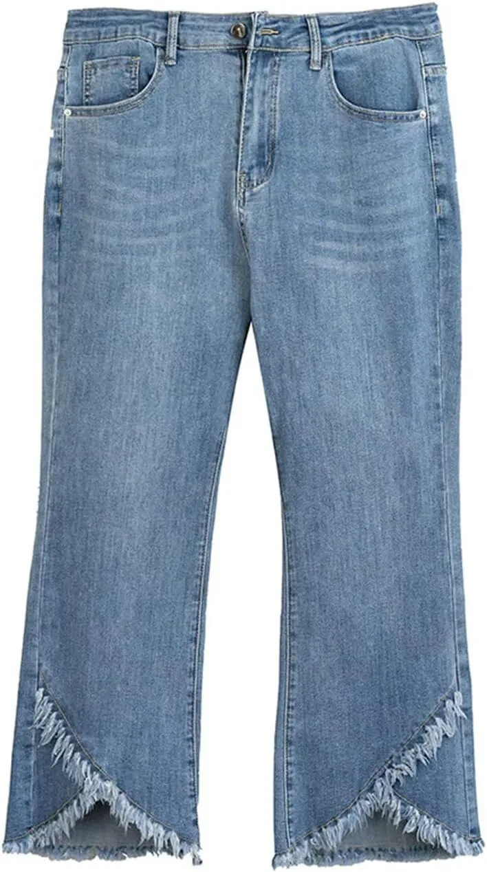 FTIMILD Womens Fashion Forward Ripped & Distressed Denim Jeans Stretch Tassel Fringe Cropped Denim Pants with Frayed Hem