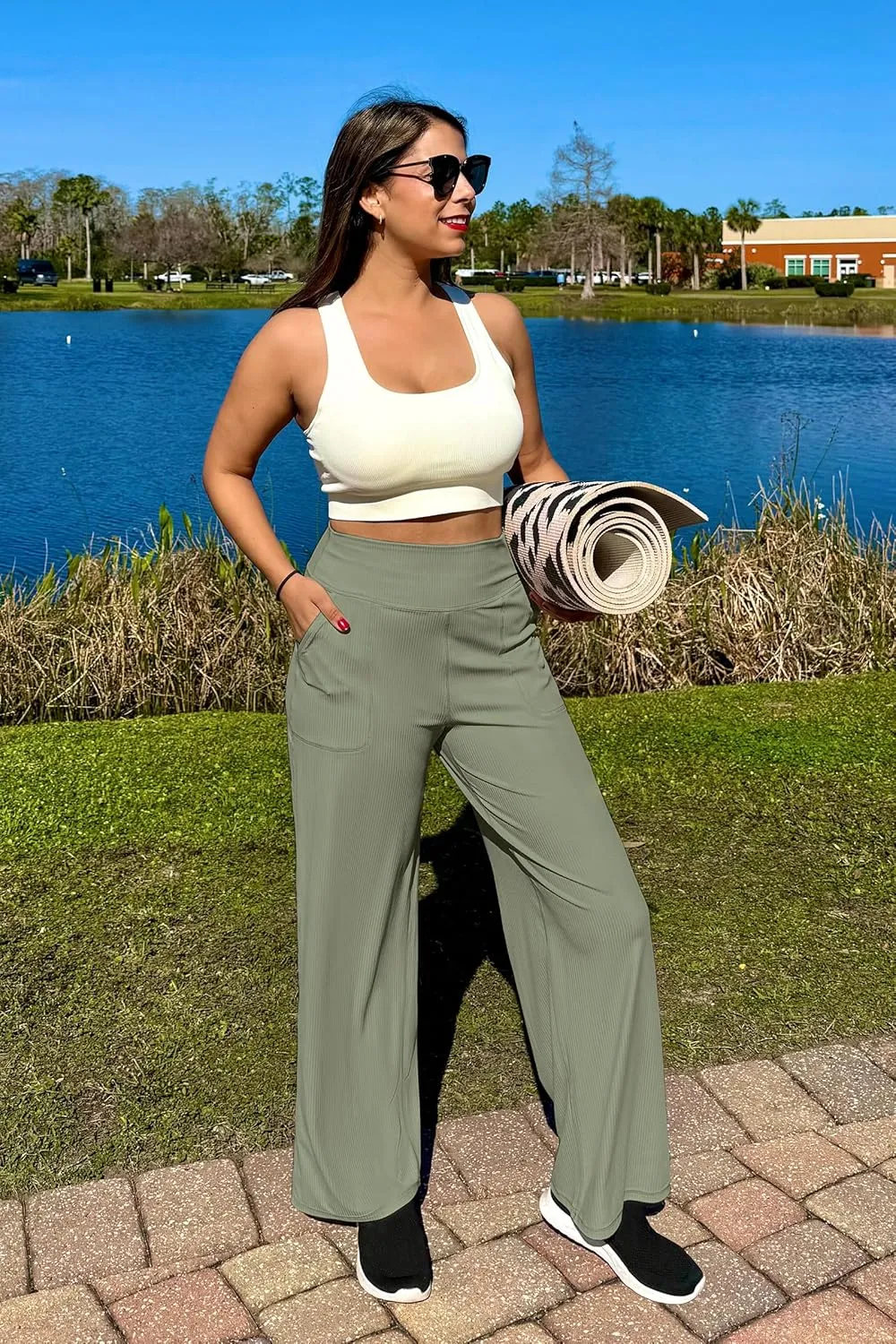 G4Free Women Casual Ribbed Wide Leg Pants with Pockets Lightweight High Waist Yoga Pants Petite/Regular/Tall