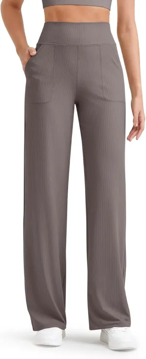 G4Free Women Casual Ribbed Wide Leg Pants with Pockets Lightweight High Waist Yoga Pants Petite/Regular/Tall
