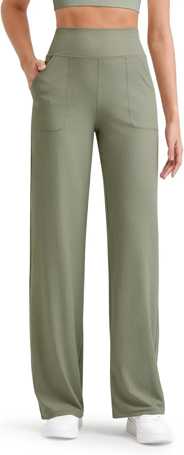 G4Free Women Casual Ribbed Wide Leg Pants with Pockets Lightweight High Waist Yoga Pants Petite/Regular/Tall