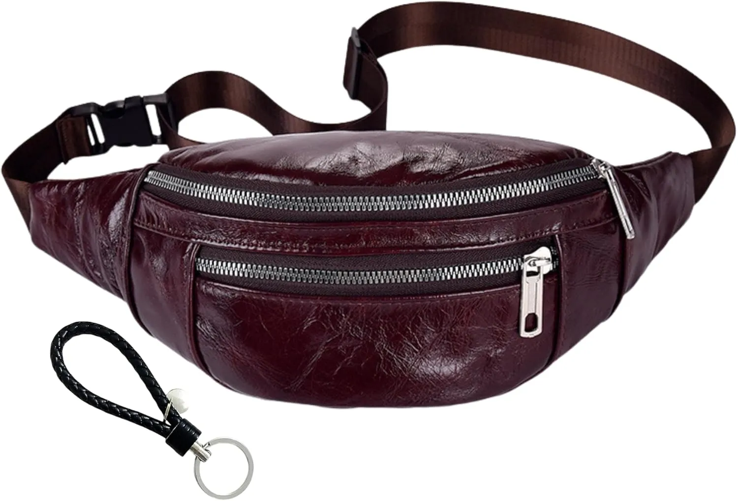 Genuine Leather Vintage Travel Fanny Pack Zipper Pockets with Key Ring Strap, Adjustable Strap Sling Bags Crossbody Daypack, Cowhide Leather Waist Backpack (Wine Red)