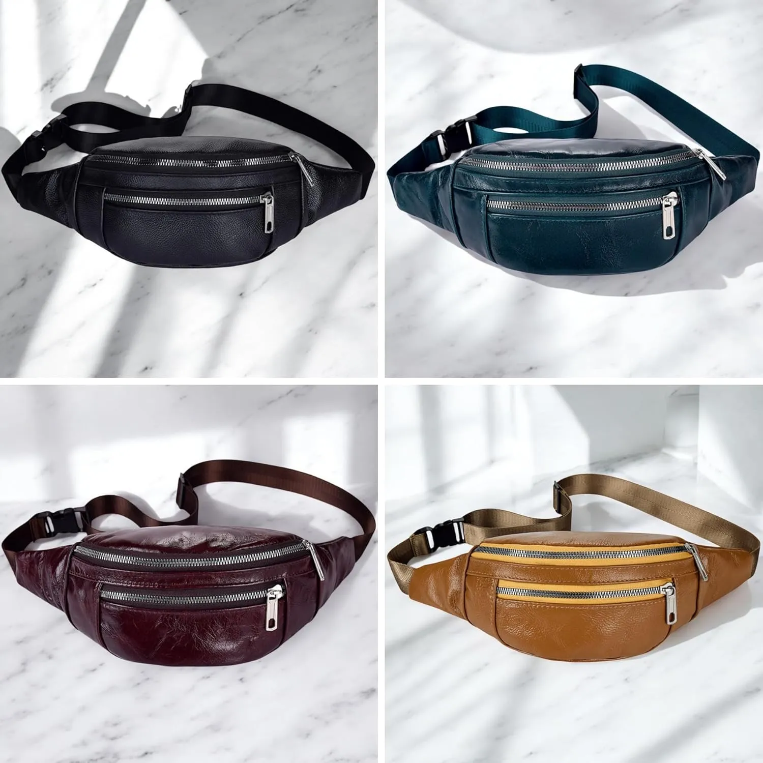 Genuine Leather Vintage Travel Fanny Pack Zipper Pockets with Key Ring Strap, Adjustable Strap Sling Bags Crossbody Daypack, Cowhide Leather Waist Backpack (Wine Red)