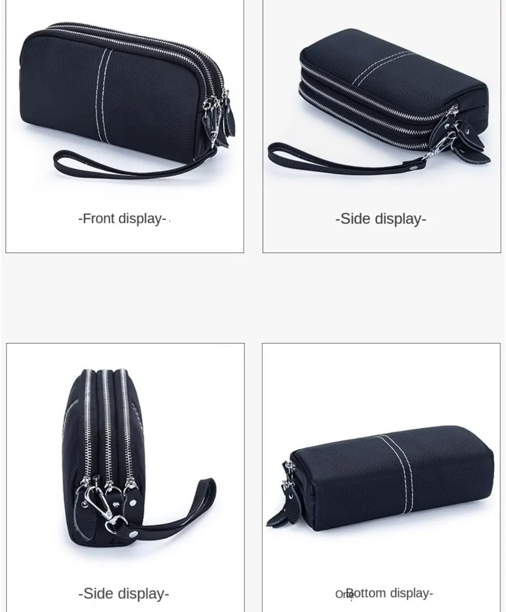Genuine Leather Wallet for Women Triple Zipper Around Wristlet Cell Phone Clutch Purse