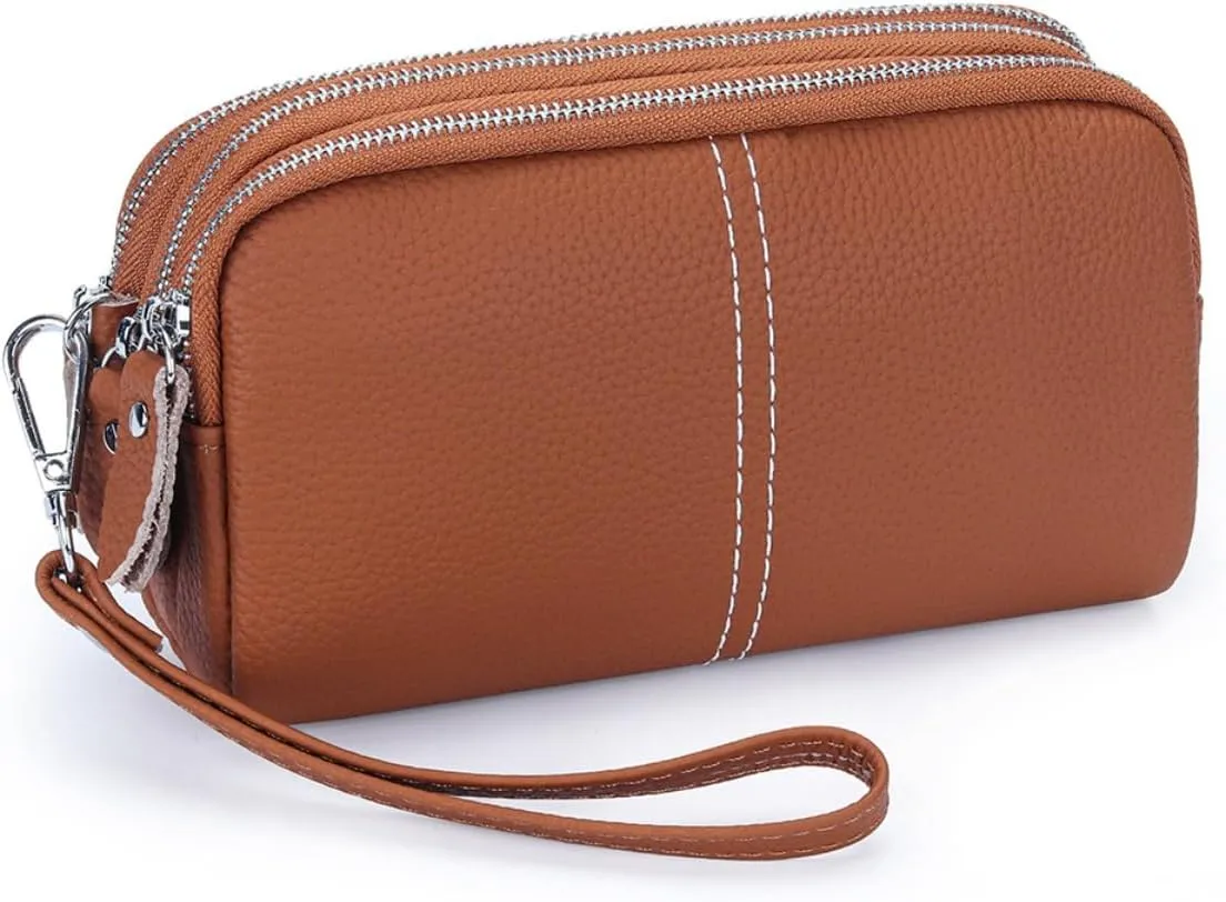 Genuine Leather Wallet for Women Triple Zipper Around Wristlet Cell Phone Clutch Purse