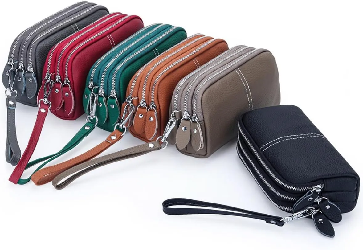 Genuine Leather Wallet for Women Triple Zipper Around Wristlet Cell Phone Clutch Purse