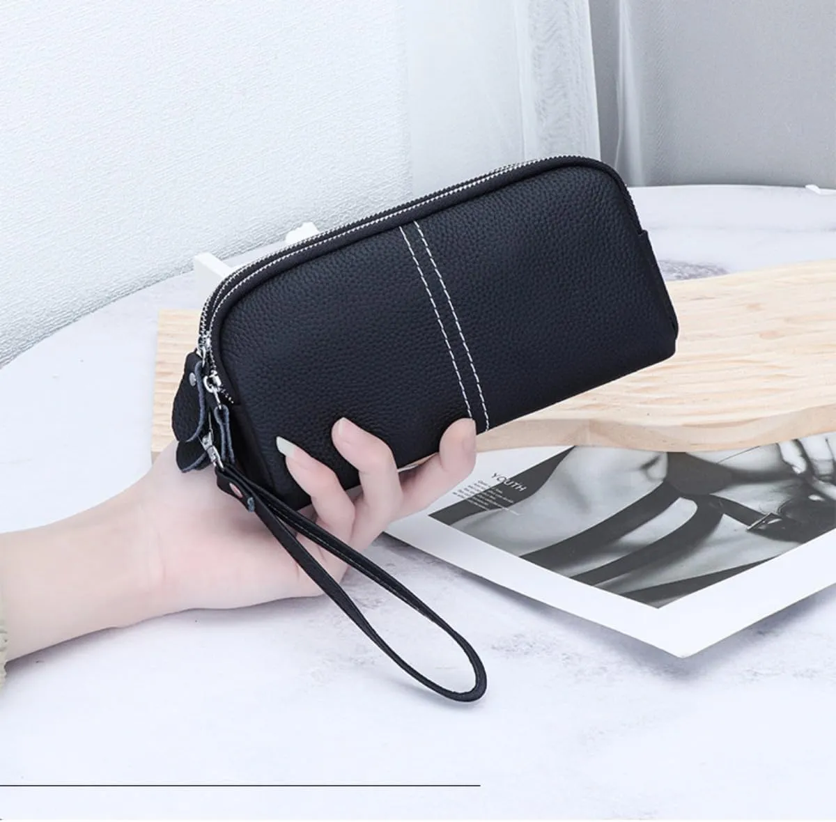 Genuine Leather Wallet for Women Triple Zipper Around Wristlet Cell Phone Clutch Purse