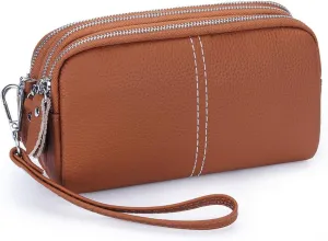 Genuine Leather Wallet for Women Triple Zipper Around Wristlet Cell Phone Clutch Purse