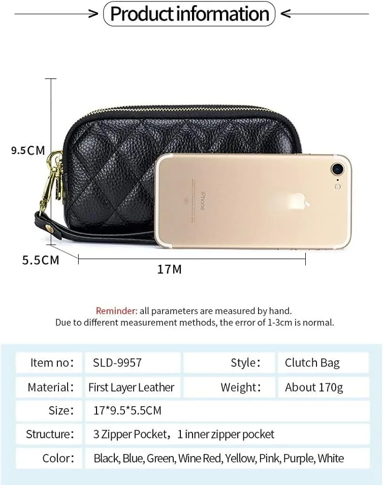 Genuine Leather Wallet for Women Wristlet Clutch Purse Quilted Purse Large Capacity Mobile Phone Pouch
