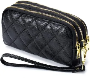Genuine Leather Wallet for Women Wristlet Clutch Purse Quilted Purse Large Capacity Mobile Phone Pouch