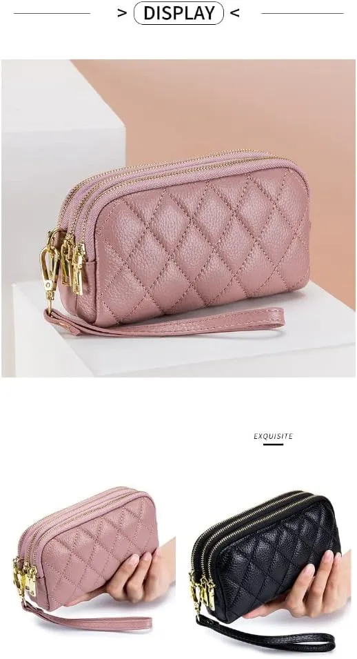 Genuine Leather Wallet for Women Wristlet Clutch Purse Quilted Purse Large Capacity Mobile Phone Pouch