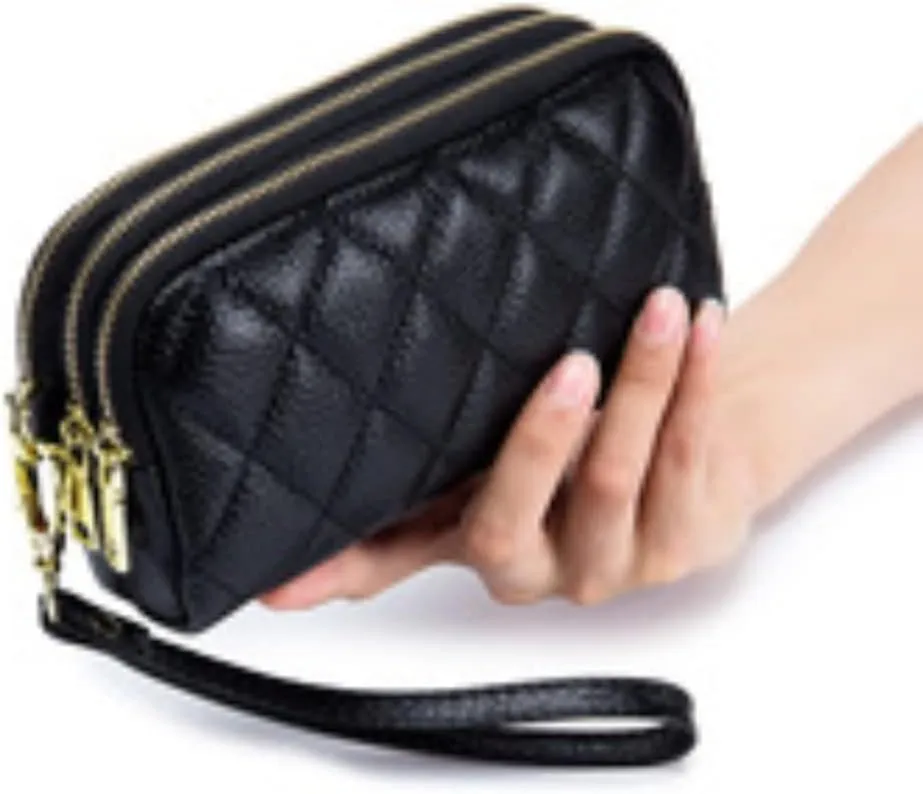 Genuine Leather Wallet for Women Wristlet Clutch Purse Quilted Purse Large Capacity Mobile Phone Pouch