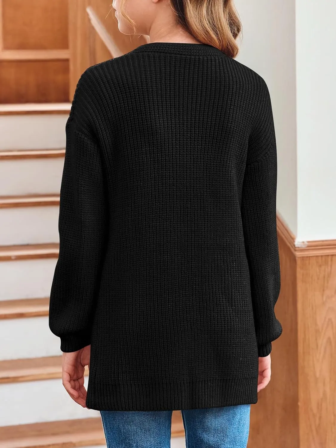 Girls Long Sleeve Cardigan Casual Open Front Lantern Sleeve Smoke Cuff Knit Sweater with Pockets for Kids 5-14 Years