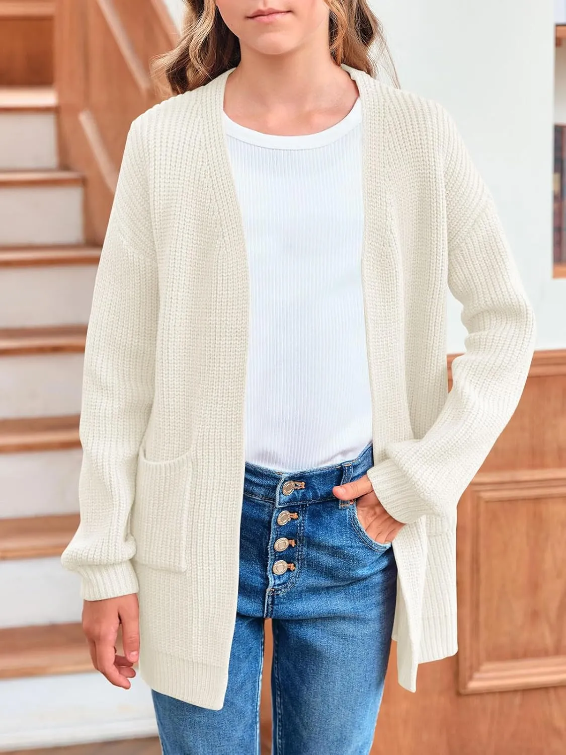 Girls Long Sleeve Cardigan Casual Open Front Lantern Sleeve Smoke Cuff Knit Sweater with Pockets for Kids 5-14 Years