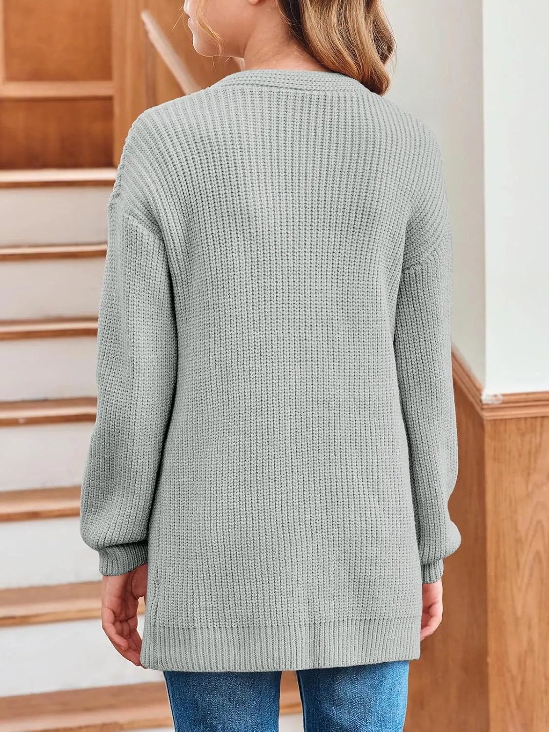 Girls Long Sleeve Cardigan Casual Open Front Lantern Sleeve Smoke Cuff Knit Sweater with Pockets for Kids 5-14 Years