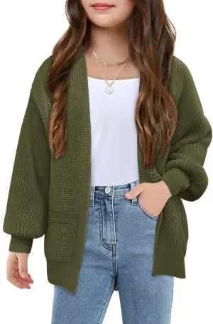 Girls Long Sleeve Cardigan Casual Open Front Lantern Sleeve Smoke Cuff Knit Sweater with Pockets for Kids 5-14 Years