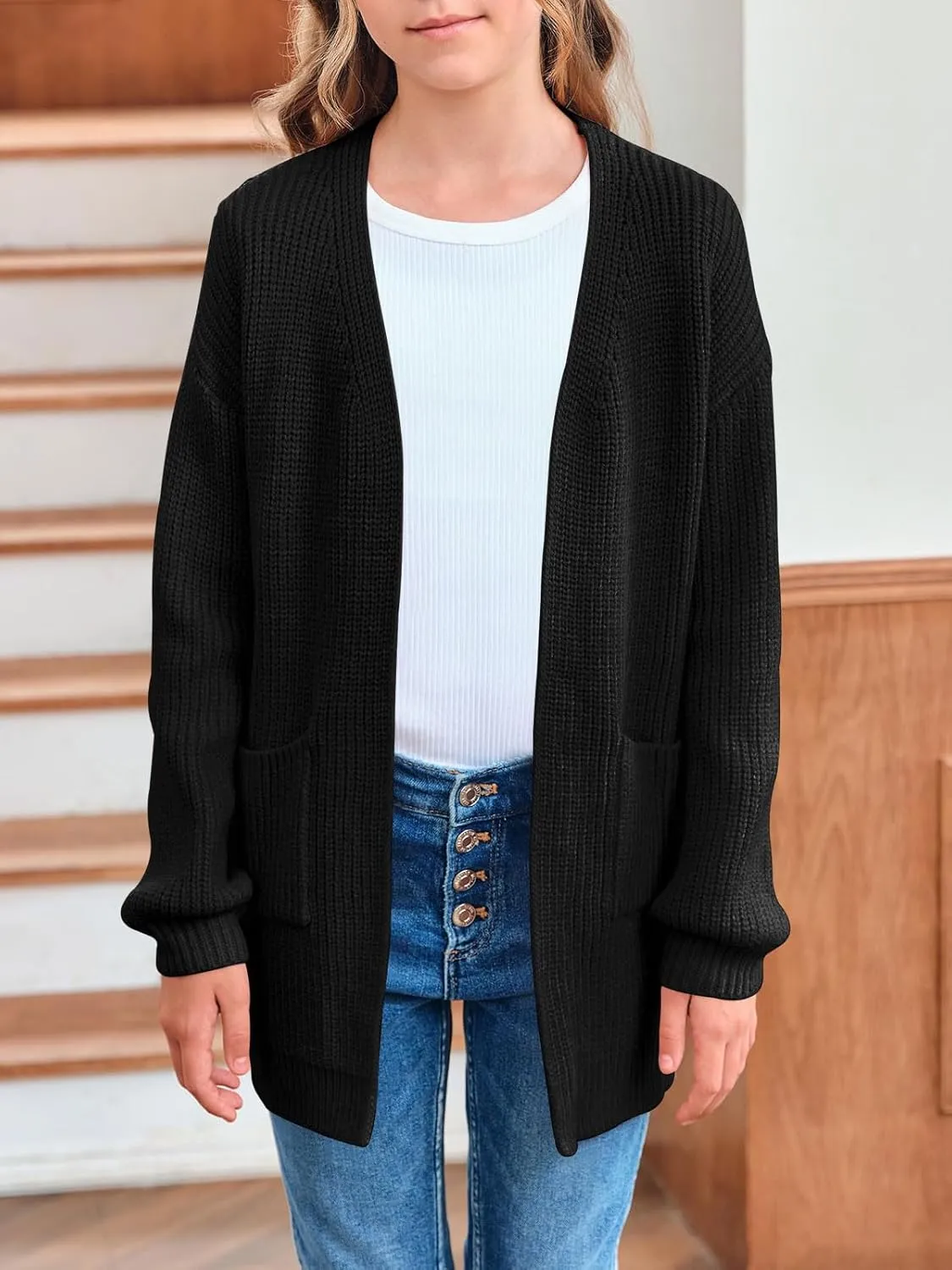Girls Long Sleeve Cardigan Casual Open Front Lantern Sleeve Smoke Cuff Knit Sweater with Pockets for Kids 5-14 Years