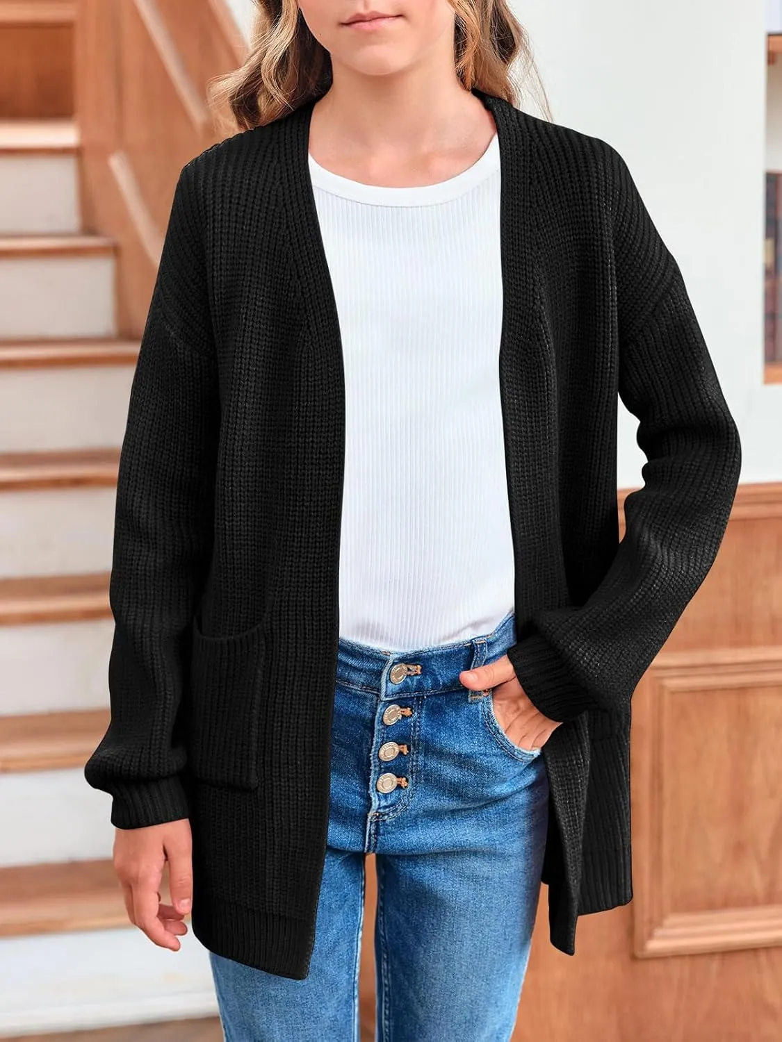Girls Long Sleeve Cardigan Casual Open Front Lantern Sleeve Smoke Cuff Knit Sweater with Pockets for Kids 5-14 Years