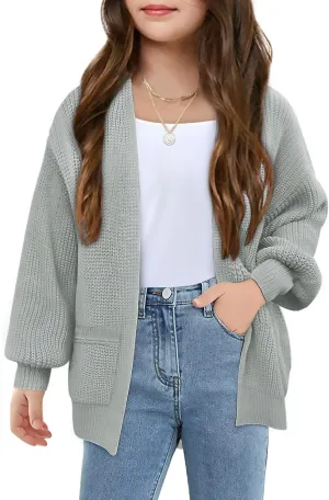 Girls Long Sleeve Cardigan Casual Open Front Lantern Sleeve Smoke Cuff Knit Sweater with Pockets for Kids 5-14 Years