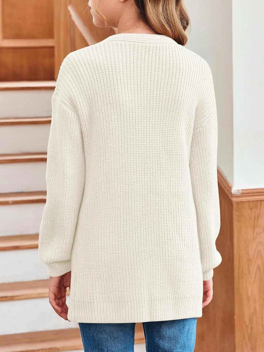 Girls Long Sleeve Cardigan Casual Open Front Lantern Sleeve Smoke Cuff Knit Sweater with Pockets for Kids 5-14 Years