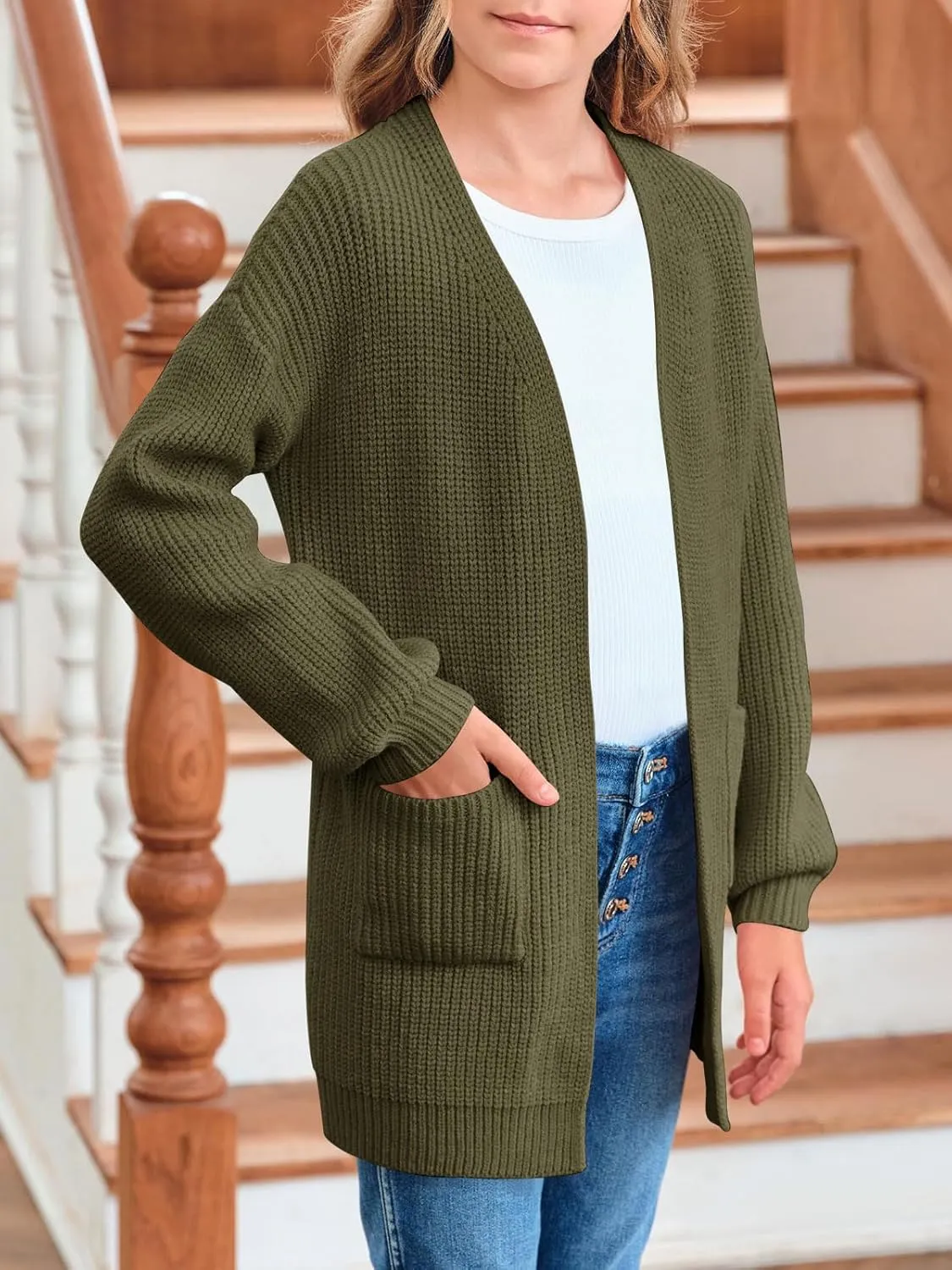 Girls Long Sleeve Cardigan Casual Open Front Lantern Sleeve Smoke Cuff Knit Sweater with Pockets for Kids 5-14 Years