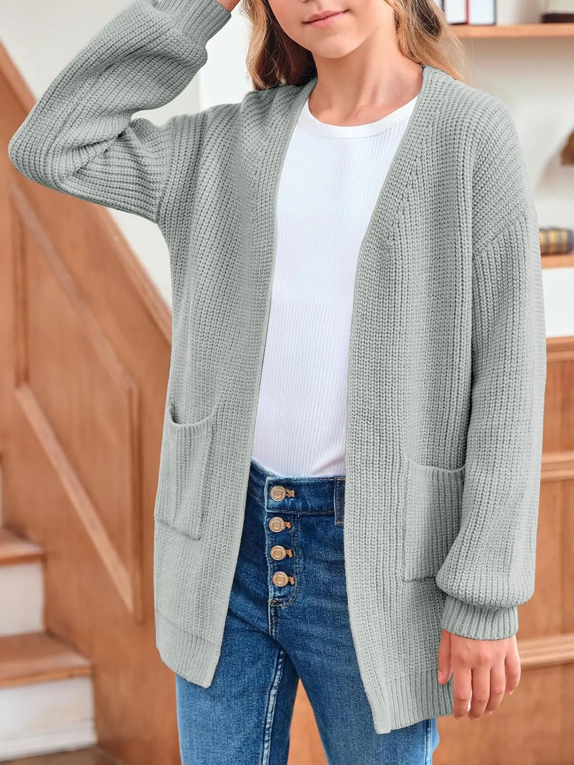 Girls Long Sleeve Cardigan Casual Open Front Lantern Sleeve Smoke Cuff Knit Sweater with Pockets for Kids 5-14 Years