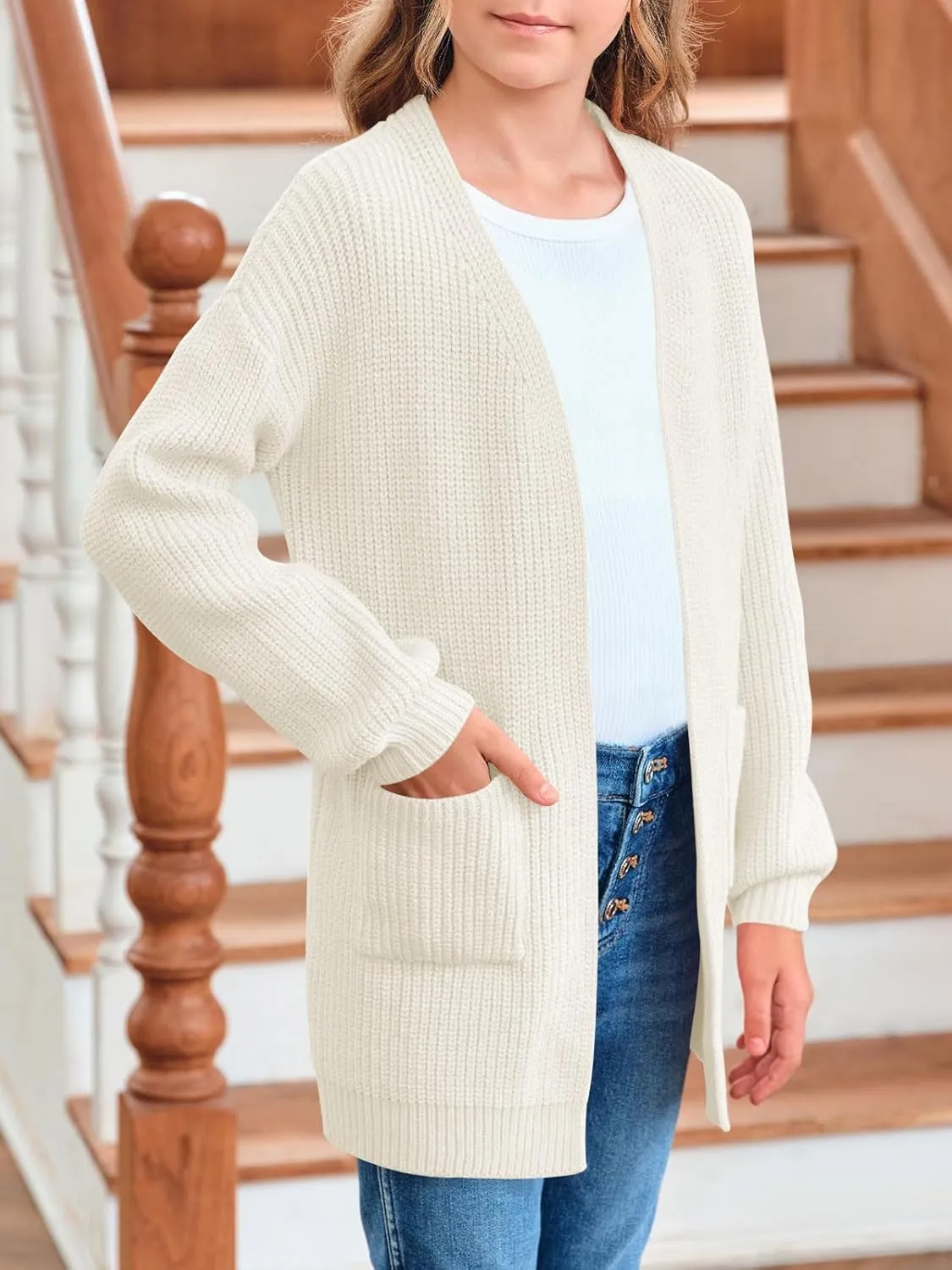 Girls Long Sleeve Cardigan Casual Open Front Lantern Sleeve Smoke Cuff Knit Sweater with Pockets for Kids 5-14 Years