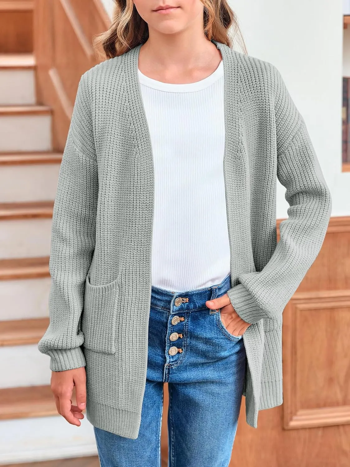 Girls Long Sleeve Cardigan Casual Open Front Lantern Sleeve Smoke Cuff Knit Sweater with Pockets for Kids 5-14 Years