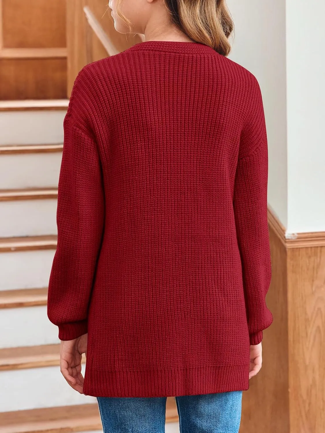 Girls Long Sleeve Cardigan Casual Open Front Lantern Sleeve Smoke Cuff Knit Sweater with Pockets for Kids 5-14 Years