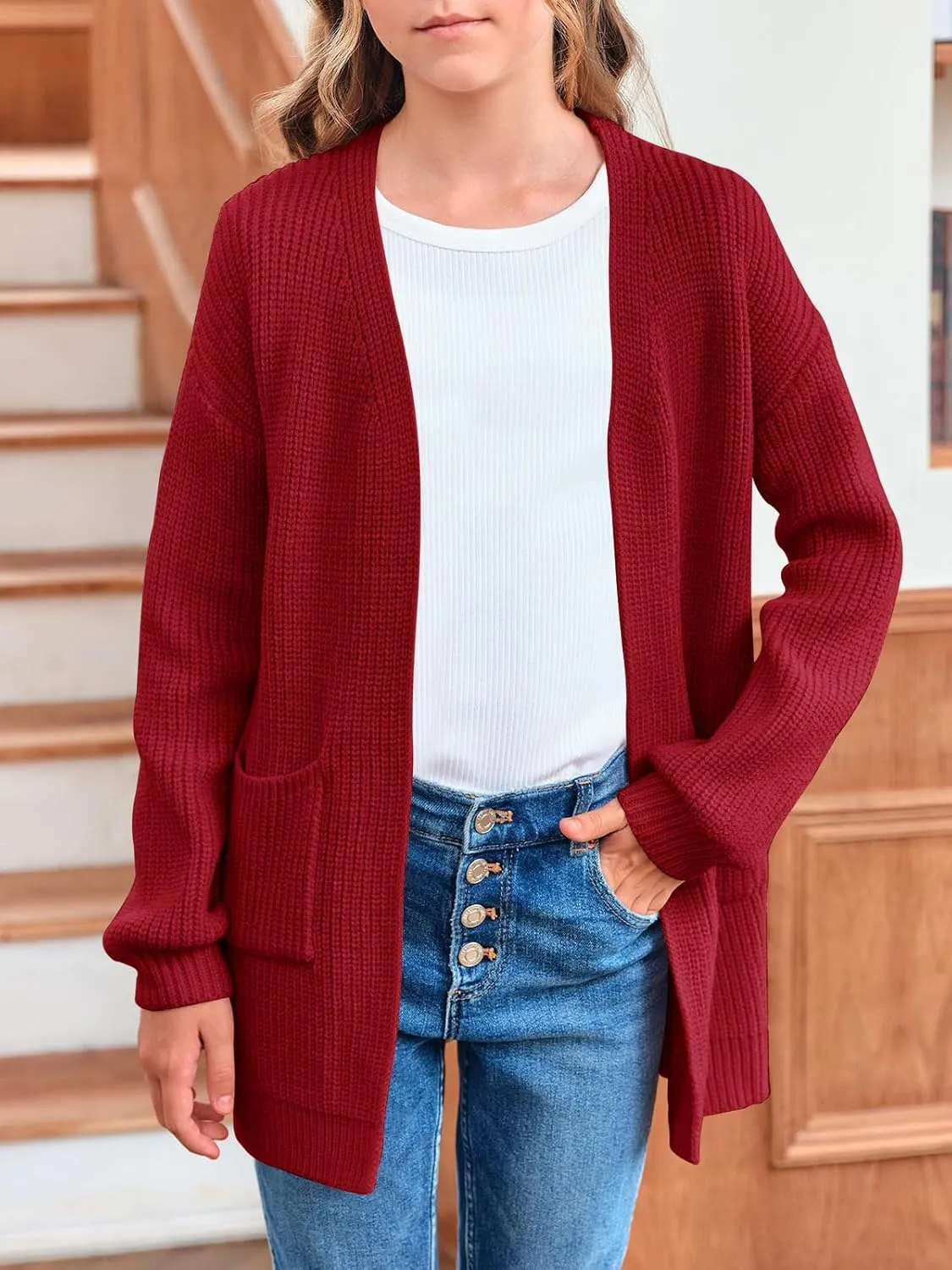 Girls Long Sleeve Cardigan Casual Open Front Lantern Sleeve Smoke Cuff Knit Sweater with Pockets for Kids 5-14 Years