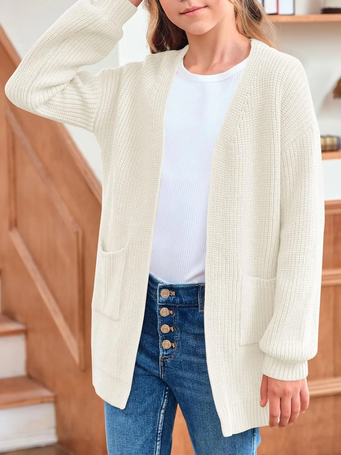 Girls Long Sleeve Cardigan Casual Open Front Lantern Sleeve Smoke Cuff Knit Sweater with Pockets for Kids 5-14 Years