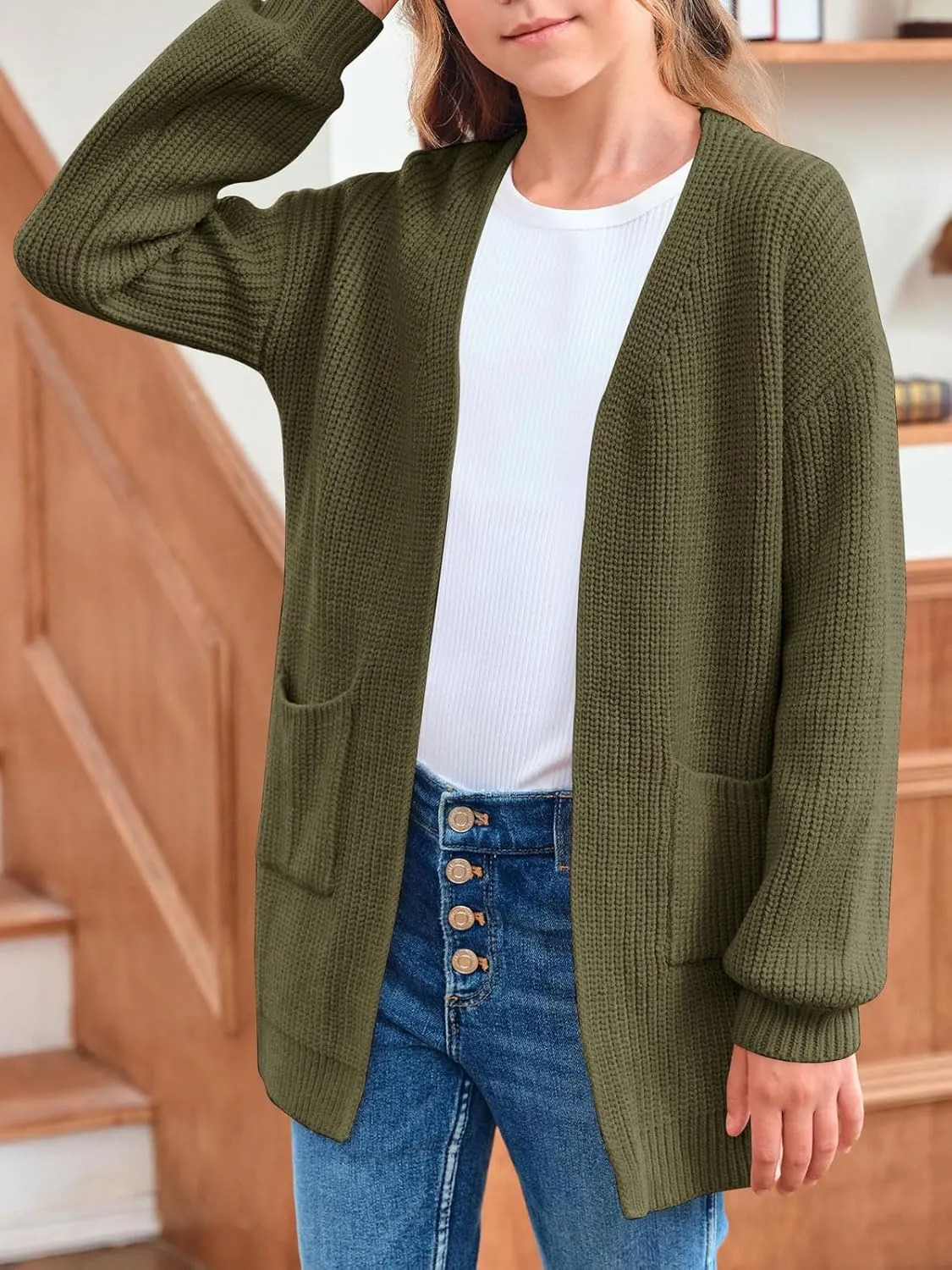 Girls Long Sleeve Cardigan Casual Open Front Lantern Sleeve Smoke Cuff Knit Sweater with Pockets for Kids 5-14 Years